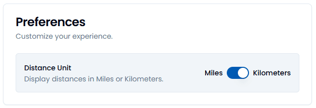 Screenshot of the application settings page showing the imperial and metric unit toggle.